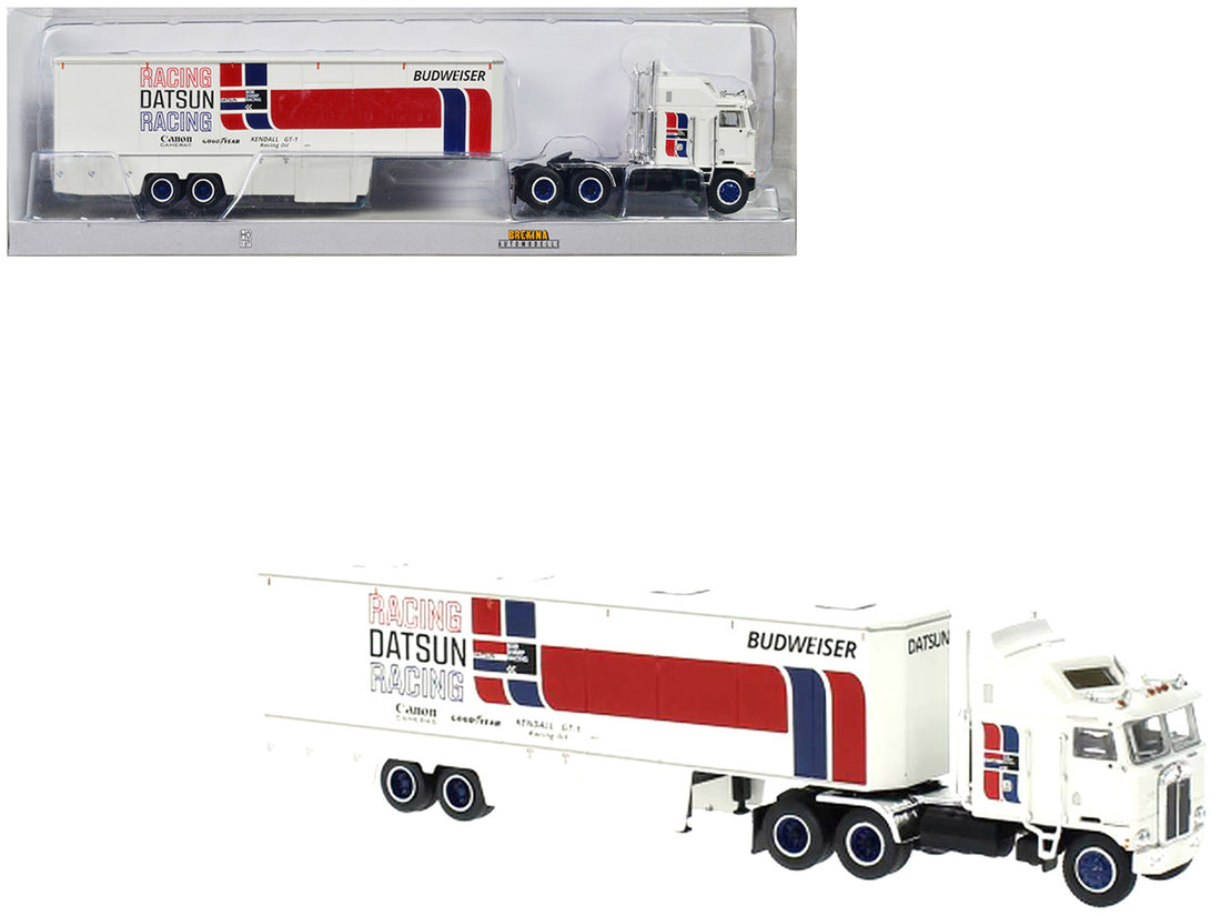 1980 Kenworth K-100 COE Aerodyne Transporter White "Datsun Racing" 1/87 (HO) Scale Model Car by Brekina-0