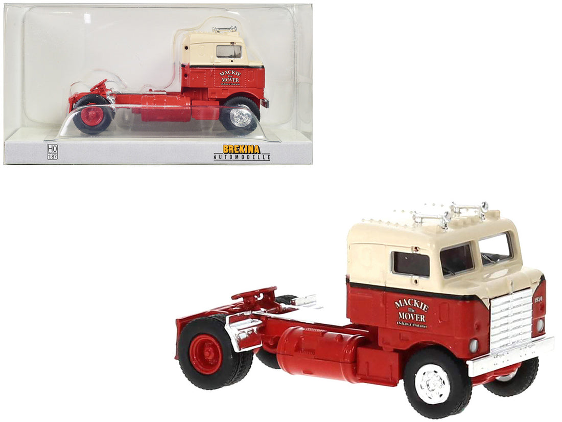 1950 Kenworth Bullnose Truck Tractor Red and Beige "Mackie the Mover" 1/87 (HO) Scale Model Car by Brekina-0