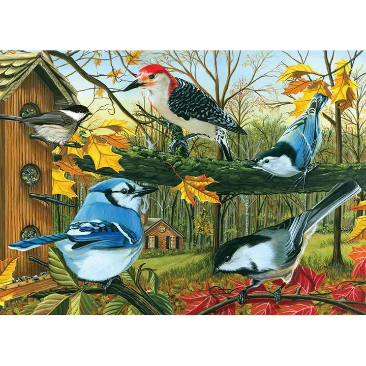 Jack Pine Backyard Feeder 1000 Piece Jigsaw Puzzle featuring colorful birds and backyard wildlife image