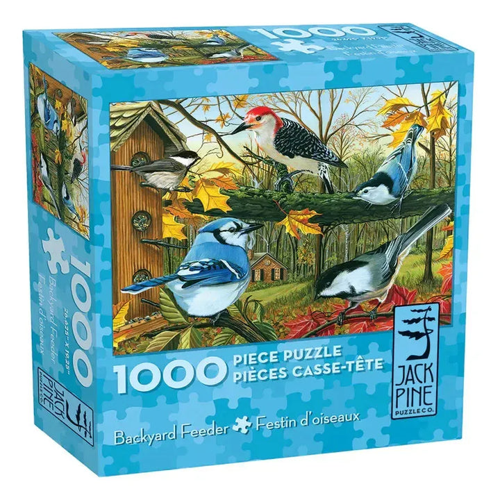 Jack Pine Backyard Feeder 1000 Piece Jigsaw Puzzle featuring colorful birds and backyard wildlife