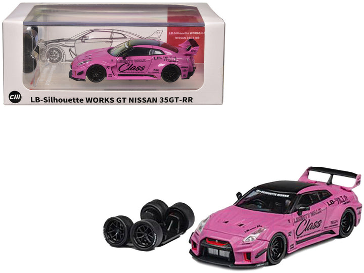 Nissan 35GT-RR "LB-Silhouette Works GT" RHD (Right Hand Drive) Pink with Black Top and Extra Wheels 1/64 Diecast Model Car by CM Models-0