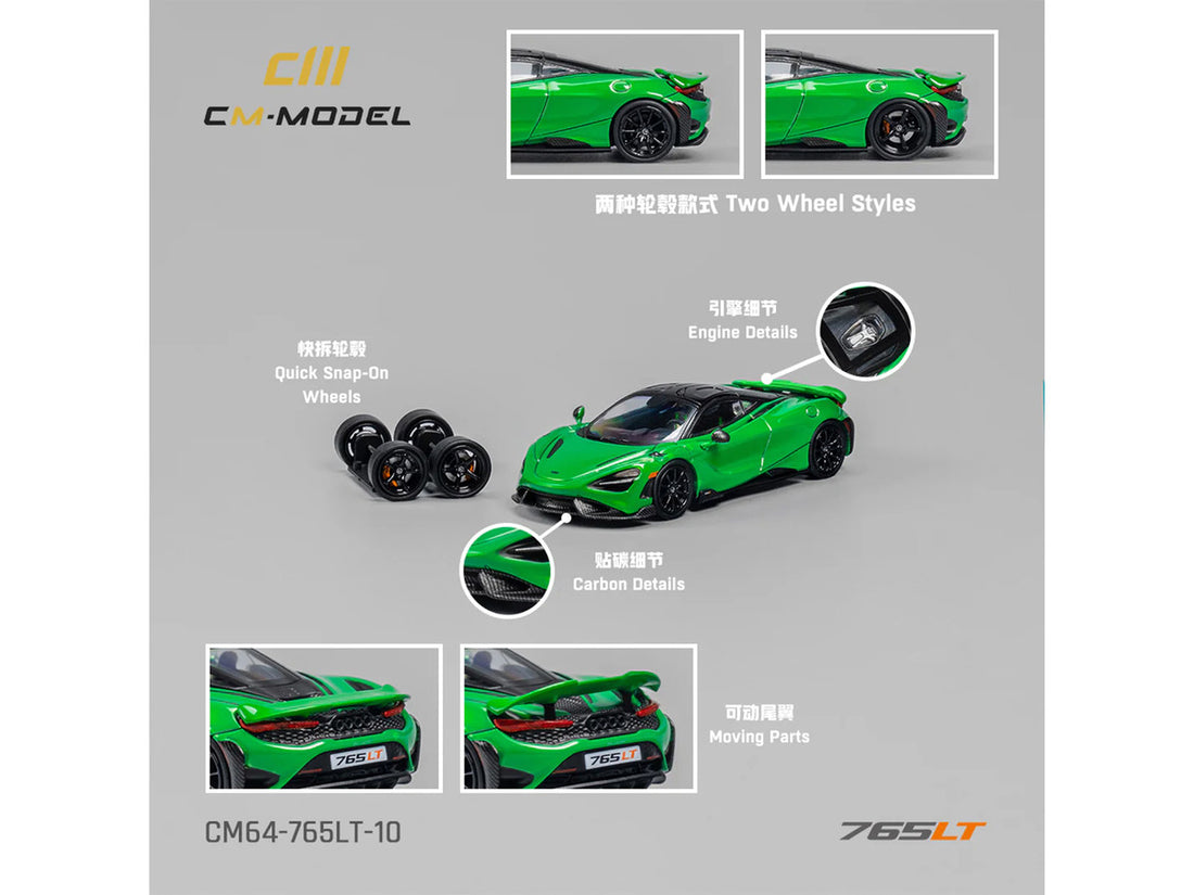 McLaren 765LT Green with Black Top and Extra Wheels 1/64 Diecast Model Car by CM Models-1