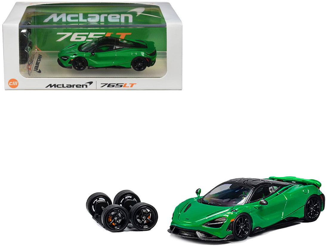 McLaren 765LT Green with Black Top and Extra Wheels 1/64 Diecast Model Car by CM Models-2