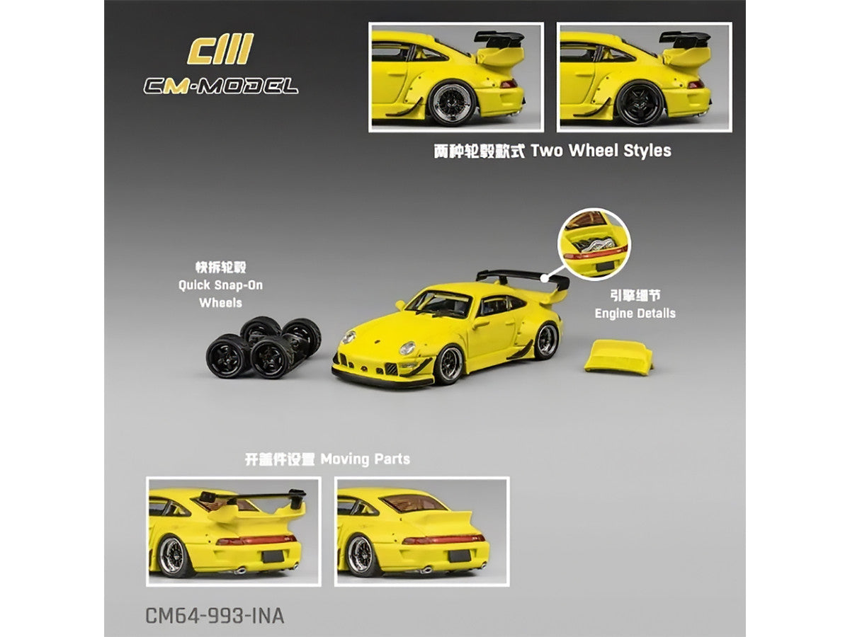 993 Widebody Yellow with Extra Wheels and Spoiler 1/64 Diecast Model Car by CM Model-1