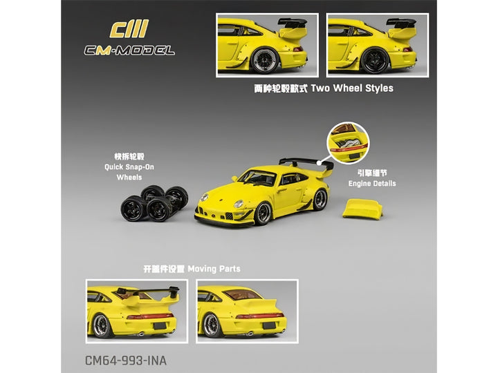 993 Widebody Yellow with Extra Wheels and Spoiler 1/64 Diecast Model Car by CM Model-1