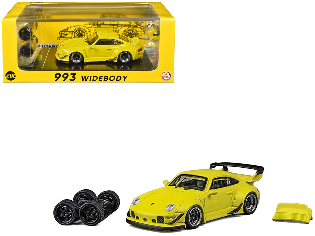 993 Widebody Yellow with Extra Wheels and Spoiler 1/64 Diecast Model Car by CM Model-2