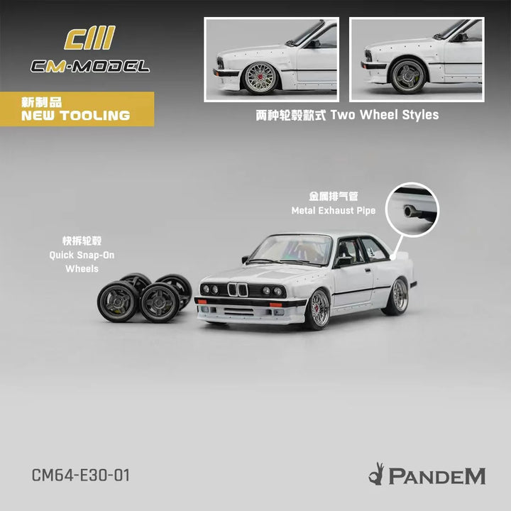 Pandem E30 V1 White 1/64 diecast model by CM Models showing included extra wheels and accessories.