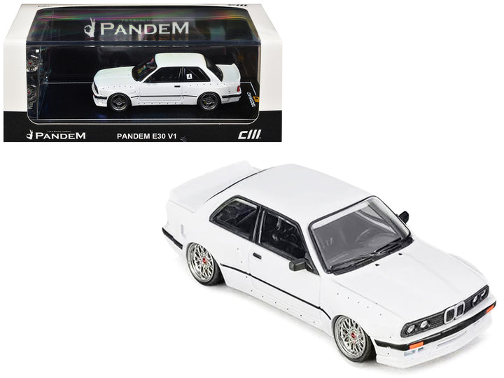 Pandem E30 V1 White with Extra Wheels 1/64 diecast model by CM Models in original display showcase packaging.
