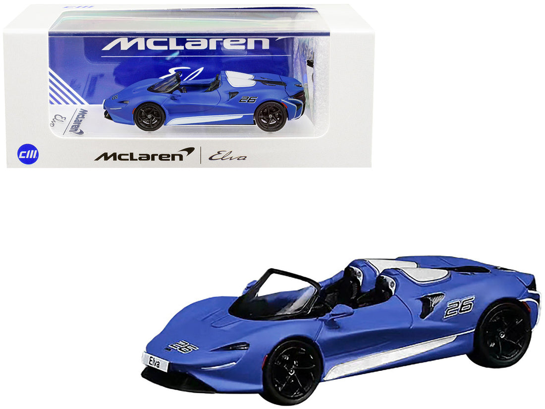 McLaren Elva Convertible #26 Matt Blue with White Stripes and Extra Wheels 1/64 Diecast Model Car by CM Models-0