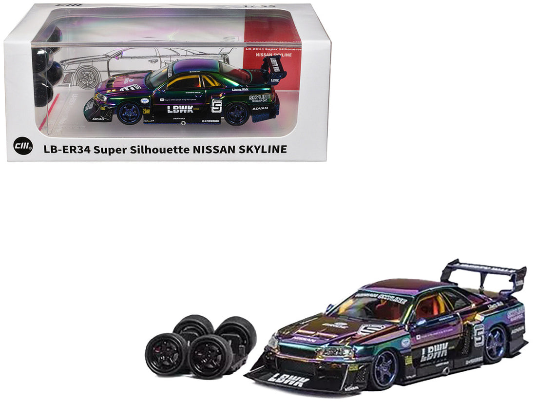 Nissan Skyline LB-ER34 "Super Silhouette" RHD (Right Hand Drive) #5 Chameleon Metallic with Extra Wheels 1/64 Diecast Model Car by CM Models-3