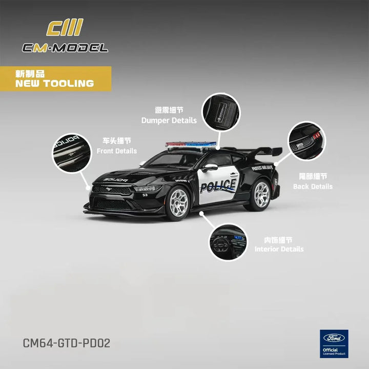 Ford Mustang Dark Horse "Police Interceptor" Black 1/64 diecast model by CM Models with feature highlights and specifications.