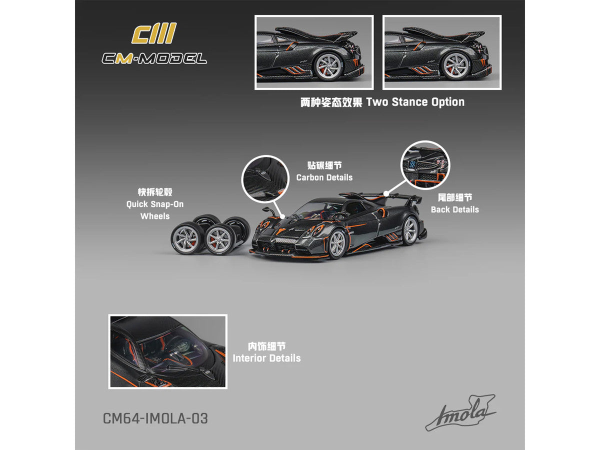 Pagani Imola Dark Gray Metallic with Carbon and Orange Accents with Extra Wheels 1/64 Diecast Model Car by CM Model-2