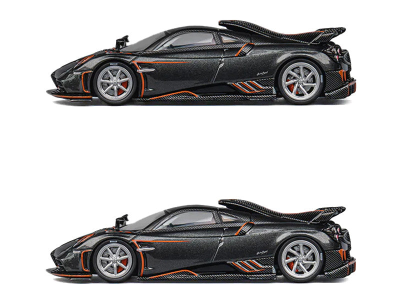 Pagani Imola Dark Gray Metallic with Carbon and Orange Accents with Extra Wheels 1/64 Diecast Model Car by CM Model-0
