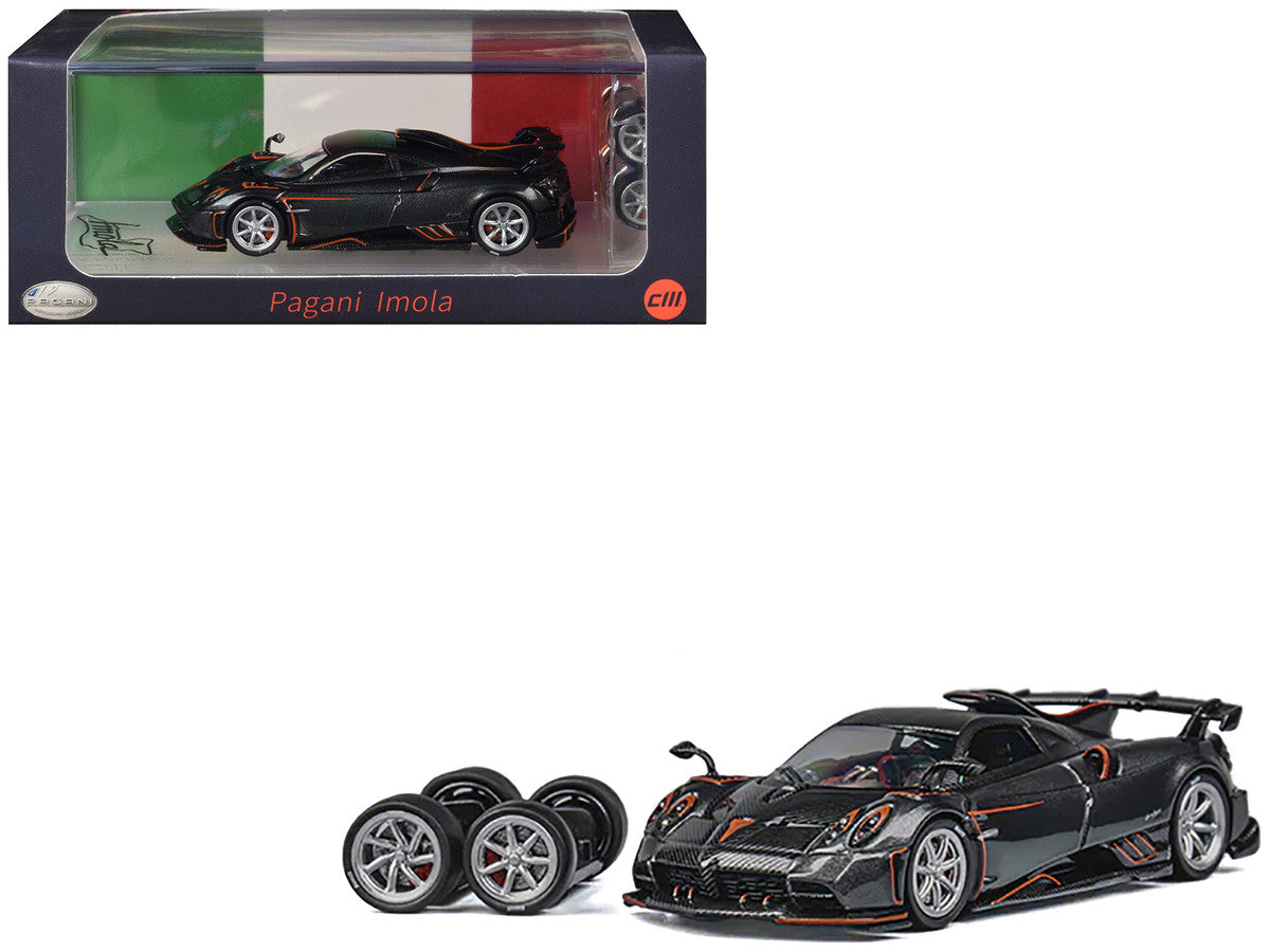 Pagani Imola Dark Gray Metallic with Carbon and Orange Accents with Extra Wheels 1/64 Diecast Model Car by CM Model-3