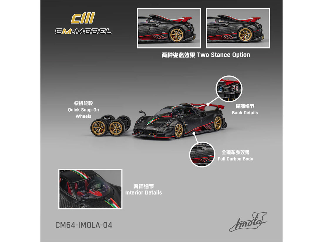 Pagani Imola Black Carbon with Italian Flag Stripes with Extra Wheels 1/64 Diecast Model Car by CM Model-2