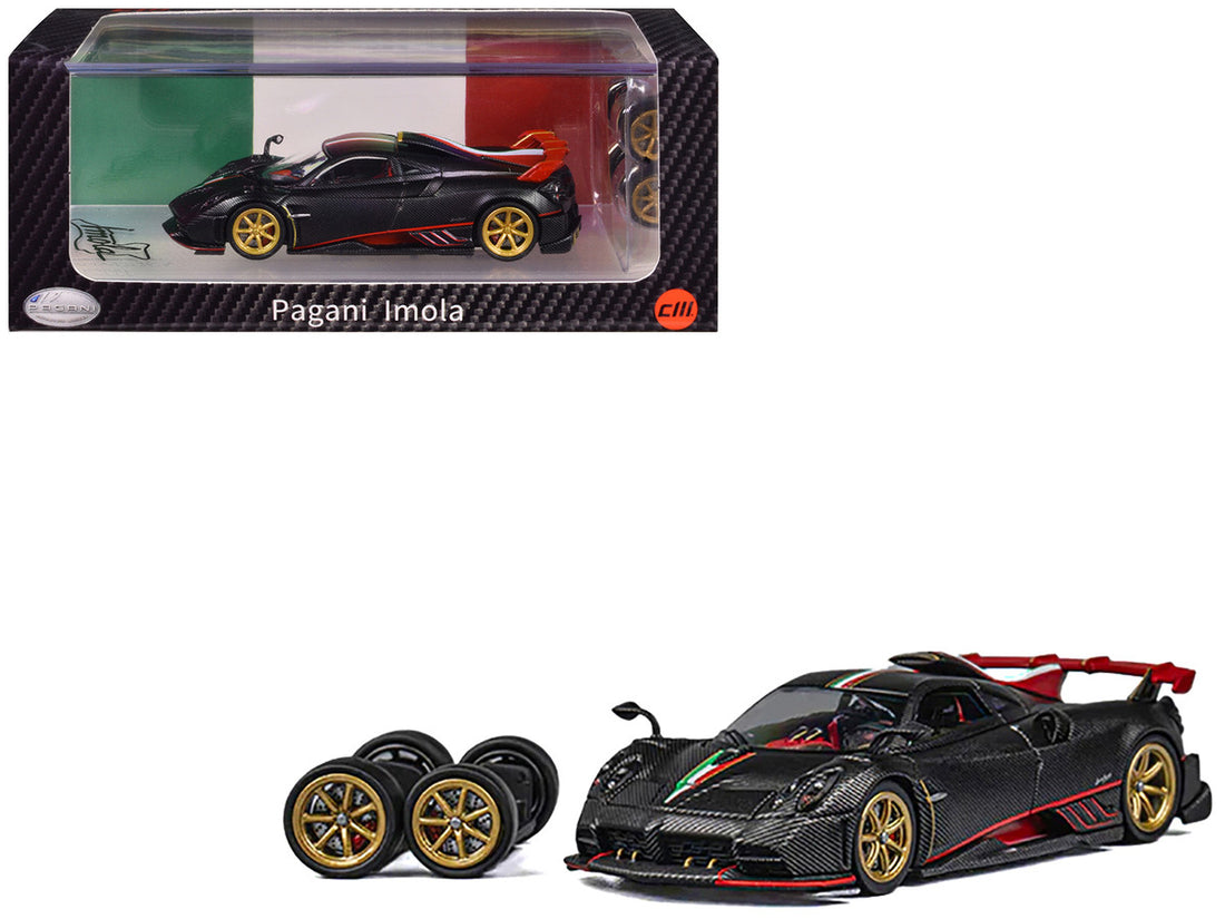 Pagani Imola Black Carbon with Italian Flag Stripes with Extra Wheels 1/64 Diecast Model Car by CM Model-3