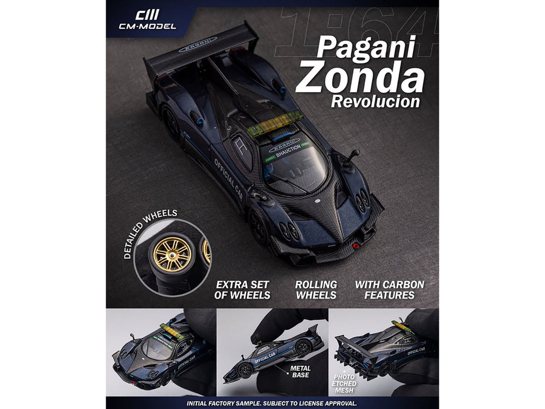 Pagani Zonda Revolucion "Official Car" Dark Blue and Carbon with Extra Wheels 1/64 Diecast Model Car by CM Models-3