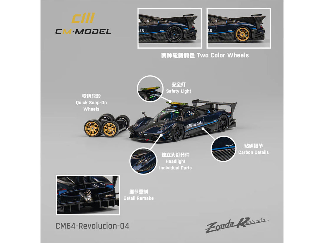 Pagani Zonda Revolucion "Official Car" Dark Blue and Carbon with Extra Wheels 1/64 Diecast Model Car by CM Models-1