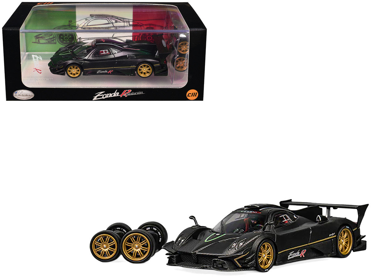 Pagani Zonda Revolucion Black Carbon with Extra Wheels 1/64 Diecast Model Car by CM Model 3