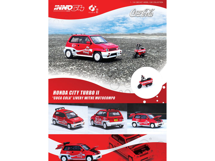 Honda City Turbo II RHD (Right Hand Drive) Red and White "Coca-Cola" with Honda Motocompo Scooter 1/64 Diecast Model Car by Inno Models-1