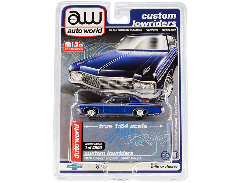 1970 Chevrolet Impala Sport Coupe Blue Metallic "Custom Lowriders" Limited Edition to 4800 pieces Worldwide 1/64 Diecast Model Car by Auto World-0