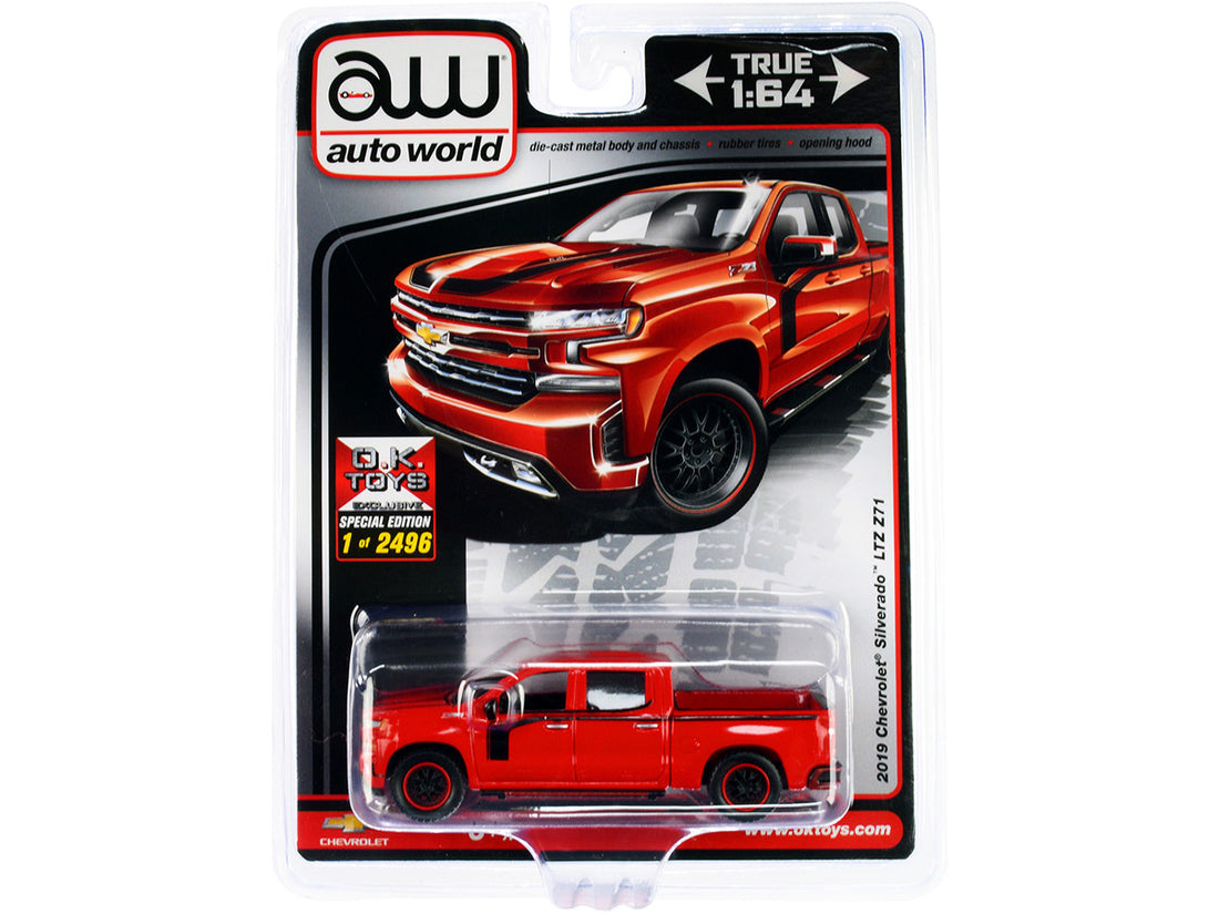 2019 Chevrolet Silverado LTZ Z71 Pickup Truck Red with Black Stripes Limited Edition to 2496 pieces Worldwide 1/64 Diecast Model Car by Auto World-0