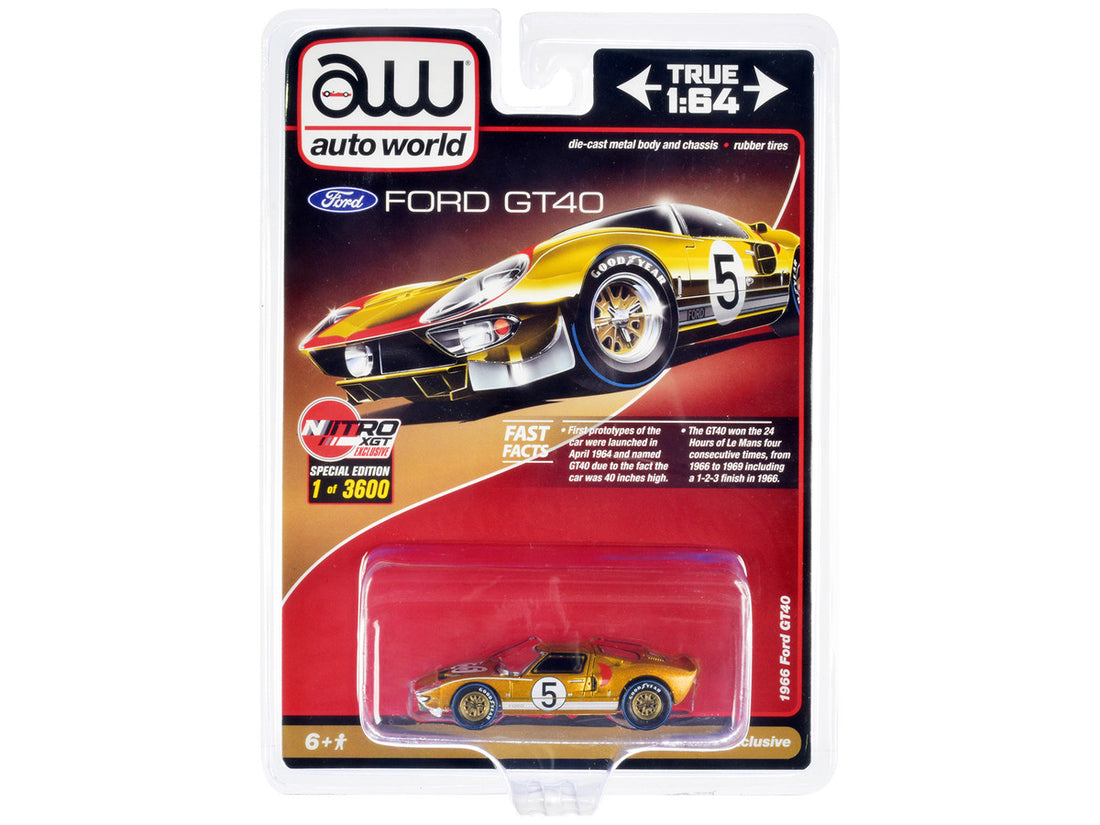 1966 Ford GT40 RHD (Right Hand Drive) #5 Gold with Graphics Limited Edition to 3600 pieces Worldwide 1/64 Diecast Model Car by Auto World-0