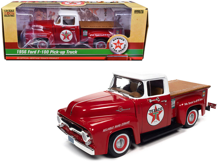 1956 Ford F-100 Pickup Truck Red with White Top "Texaco Reliable Road Service" "Vintage Fuel" Series 1/24 Diecast Model Car by Auto World-0