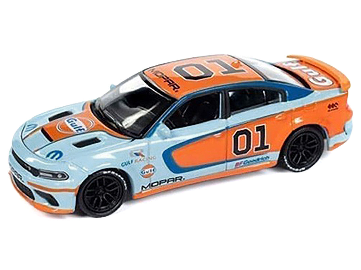 Dodge Charger 2021 SRT Hellcat #01 "Gulf Oil-MOPAR" Light Blue and Orange Limited Edition to 4800 pieces Worldwide 1/64 Diecast Model Car by Auto World 2