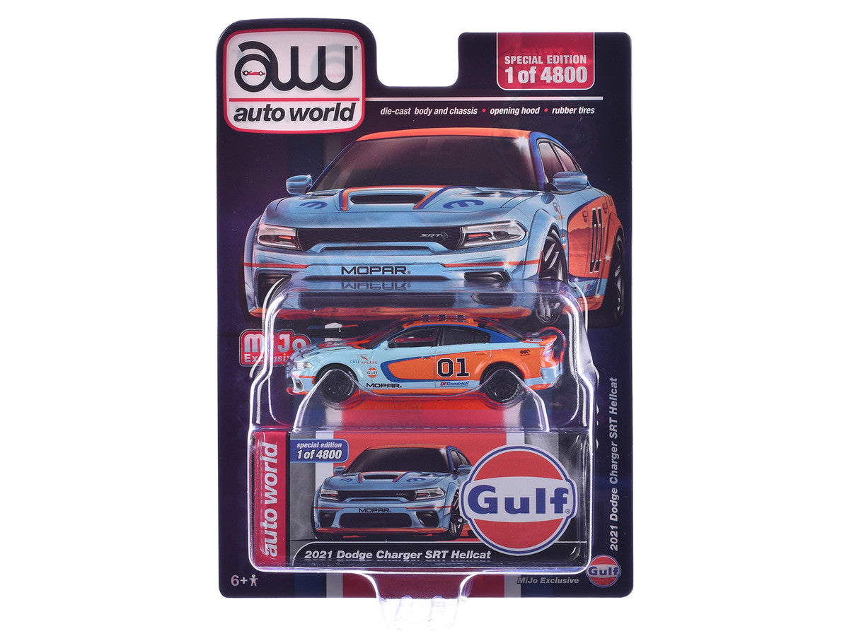 Dodge Charger 2021 SRT Hellcat #01 "Gulf Oil-MOPAR" Light Blue and Orange Limited Edition to 4800 pieces Worldwide 1/64 Diecast Model Car by Auto World 3