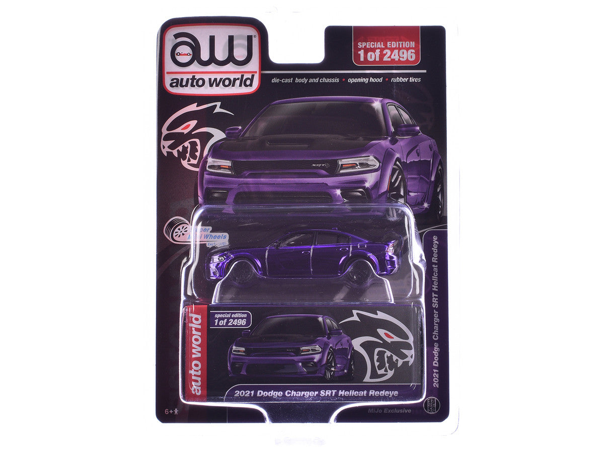 2021 Dodge Charger SRT Hellcat Redeye Purple Chrome with Black Hood Limited Edition to 2496 pieces Worldwide 1/64 Diecast Model Car by Auto World-2