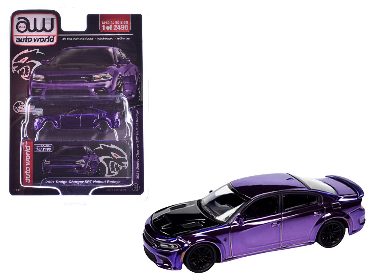 2021 Dodge Charger SRT Hellcat Redeye Purple Chrome with Black Hood Limited Edition to 2496 pieces Worldwide 1/64 Diecast Model Car by Auto World-0