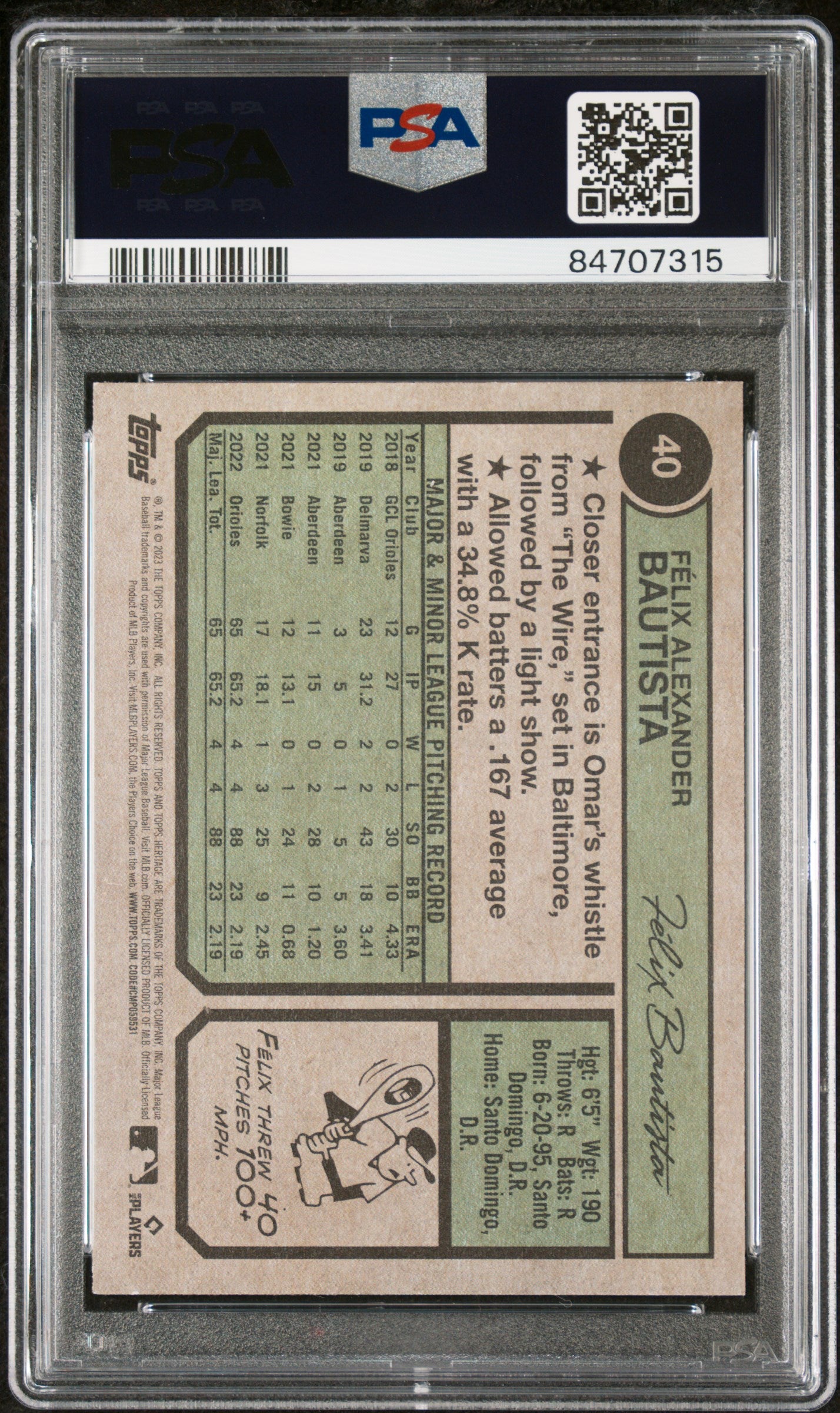 2023 TOPPS HERITAGE FELIX BAUTISTA  #40 - PSA 10 ROOKIE CARD 2