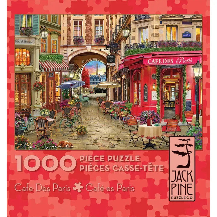 Jack Pine Cafe des Paris 1000 Piece Jigsaw Puzzle featuring a colorful Parisian cafe and charming French street scene
