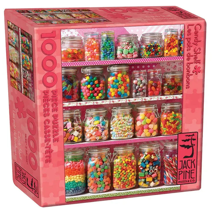 Jack Pine Candy Shelf 1000 Piece Jigsaw Puzzle featuring colorful jars of candy and sweets displayed on shelves
