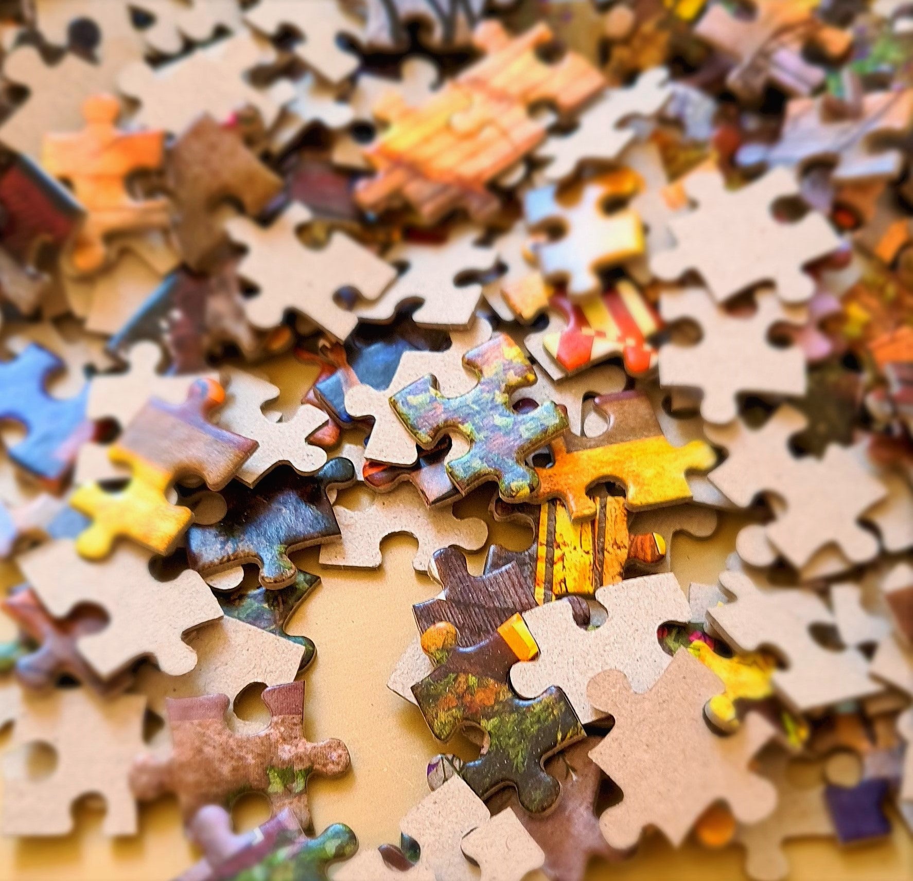 Assorted jigsaw puzzle pieces showing puzzle colors and construction