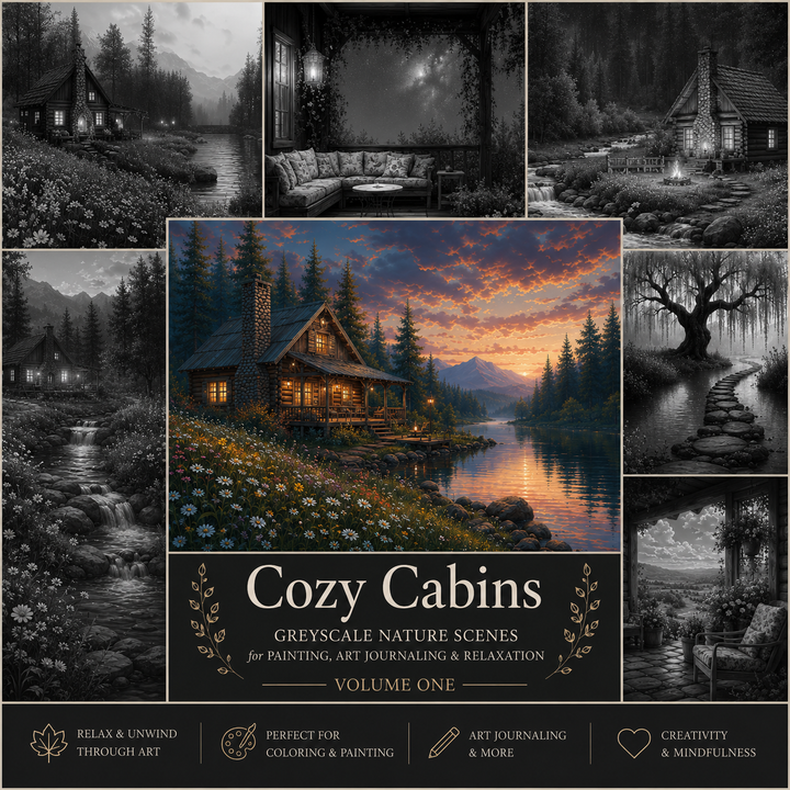 Cozy Cabins – Greyscale Nature Scenes for Painting, Art Journaling & Relaxation – Volume One (Digital Download) 2