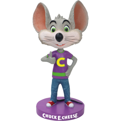 Chuck E. Cheese collectible bobblehead figure in purple shirt and green shorts