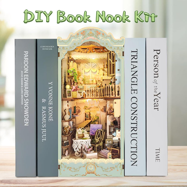 DIY Miniature Dollhouse Kit with Touch Light 3D Wooden Book World Bookshelf Bookcase - Pastoral Diary Book Nook Book Shelf