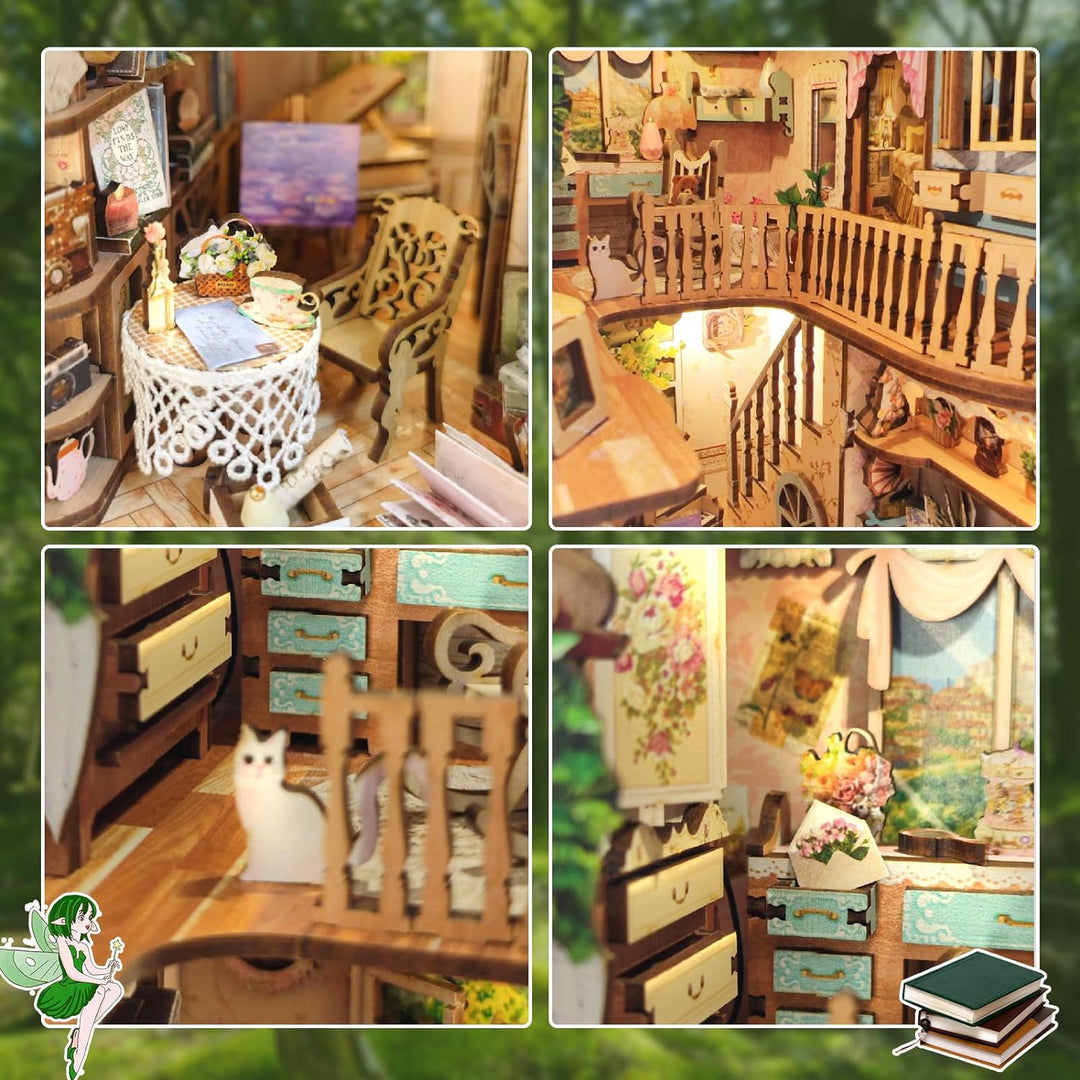 DIY Miniature Dollhouse Kit with Touch Light 3D Wooden Book World Bookshelf Bookcase - Pastoral Diary Book Nook Room Details