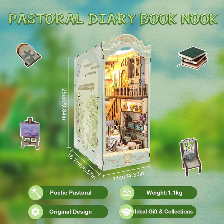 DIY Miniature Dollhouse Kit with Touch Light 3D Wooden Book World Bookshelf Bookcase - Pastoral Diary Book Nook Product Info