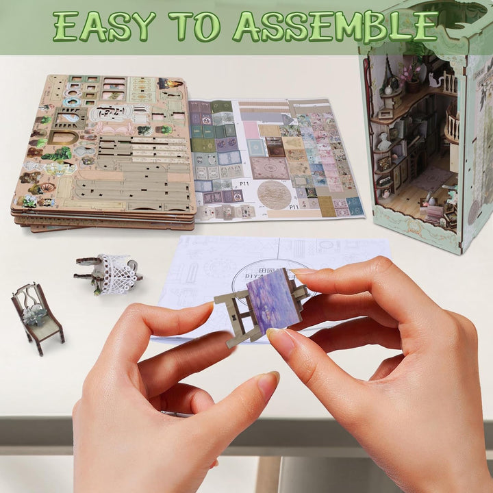 DIY Miniature Dollhouse Kit with Touch Light 3D Wooden Book World Bookshelf Bookcase - Pastoral Diary Book Nook Assembly