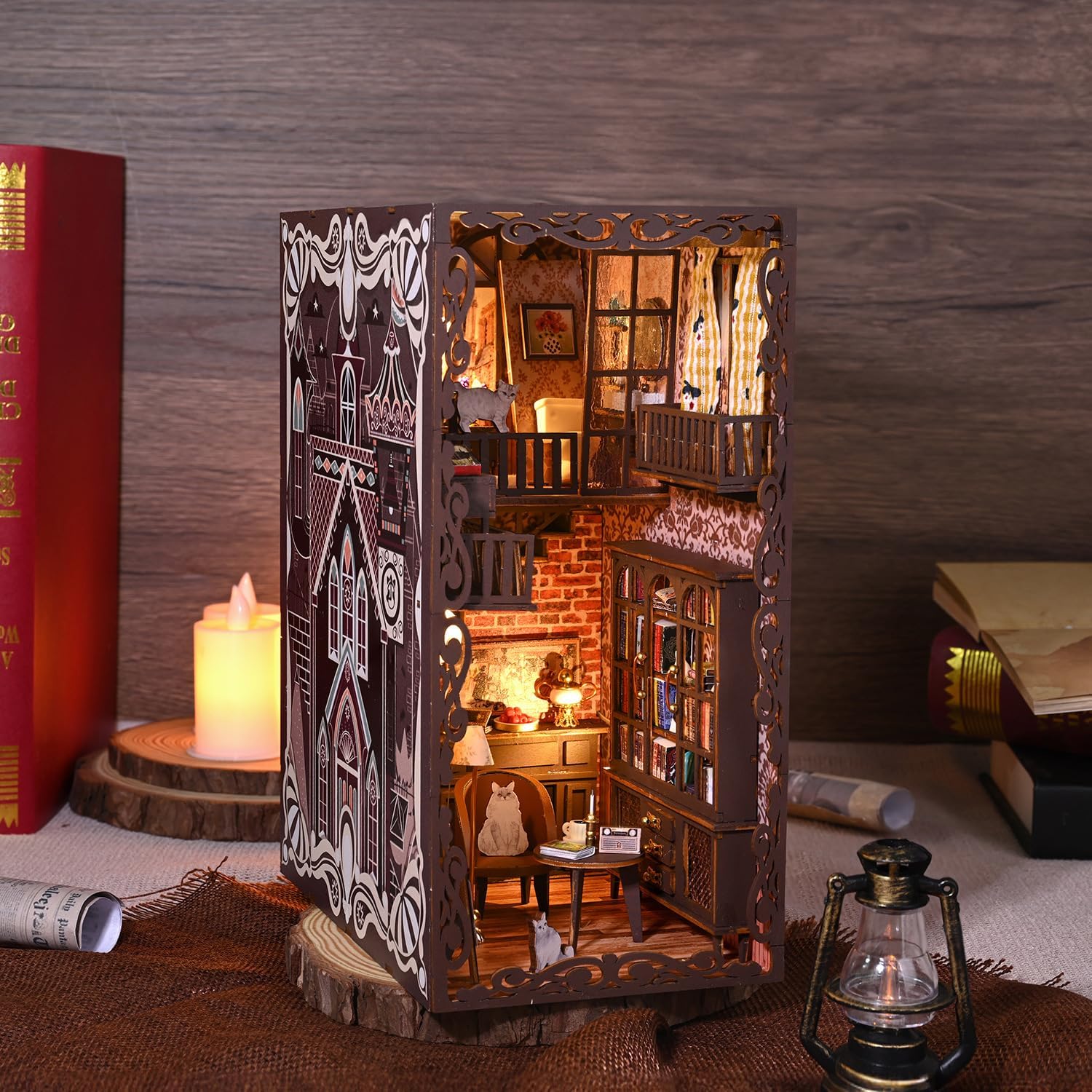 DIY Minature Dollhouse Kit with Touch Light 3D Wooden Book World Bookshelf Bookcase - #9 Secret Castle II Display 2