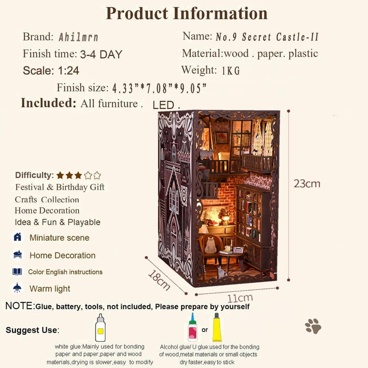 DIY Minature Dollhouse Kit with Touch Light 3D Wooden Book World Bookshelf Bookcase - #9 Secret Castle II Product Info