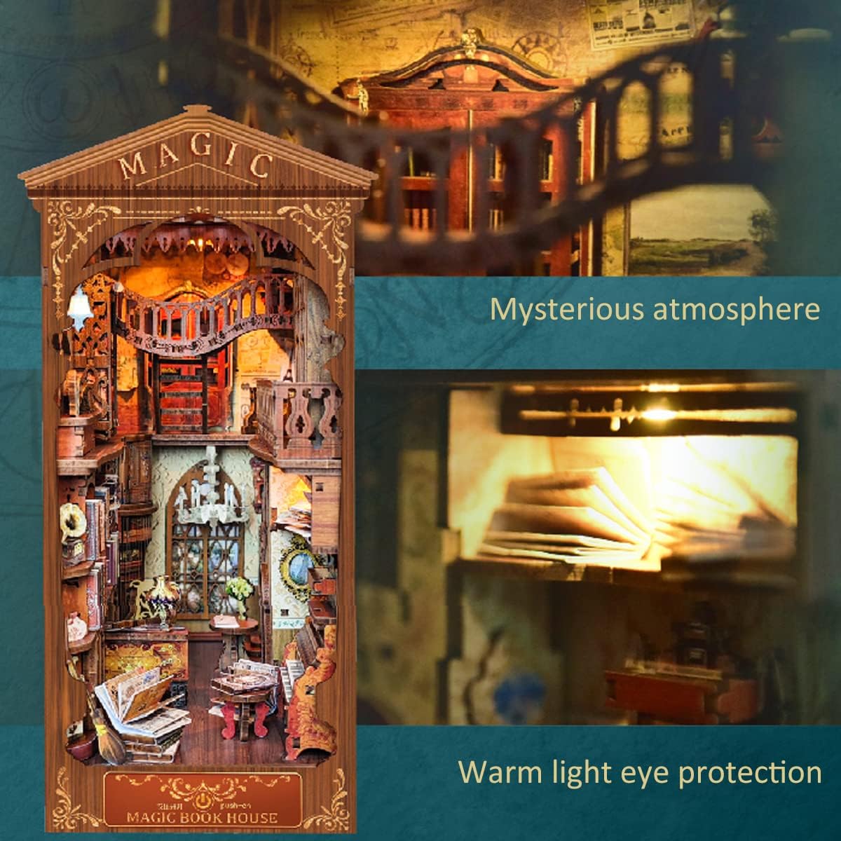 DIY Miniature Dollhouse Kit with Touch Light 3D Wooden Book World Bookshelf Bookcase - Magic Book Nook Packaging 3
