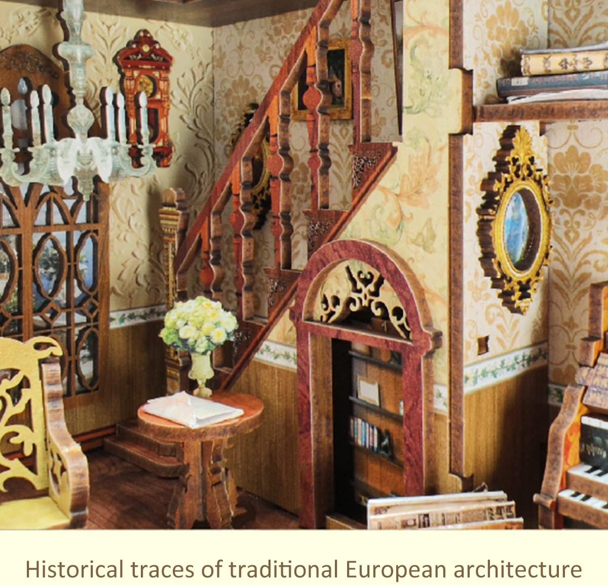 DIY Miniature Dollhouse Kit with Touch Light 3D Wooden Book World Bookshelf Bookcase - Magic Book Nook Staircase 4