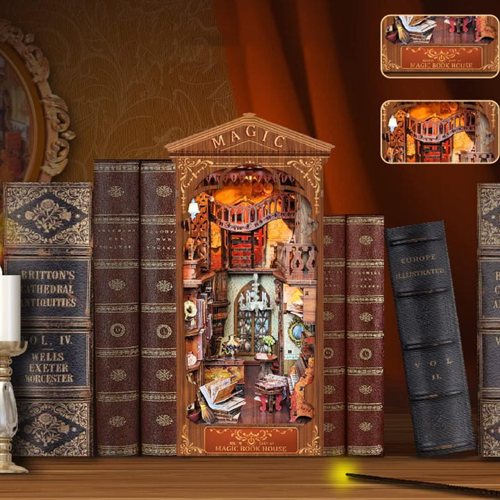 DIY Miniature Dollhouse Kit with Touch Light 3D Wooden Book World Bookshelf Bookcase - Magic Book Nook on the bookshelf