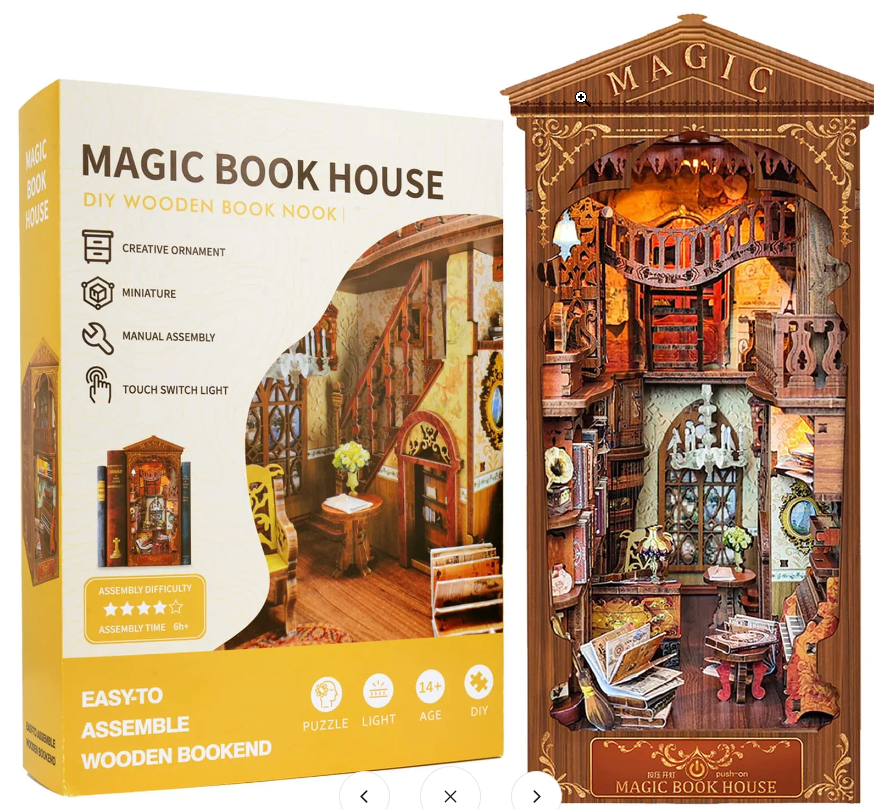 DIY Miniature Dollhouse Kit with Touch Light 3D Wooden Book World Bookshelf Bookcase - Magic Book Nook Packaging