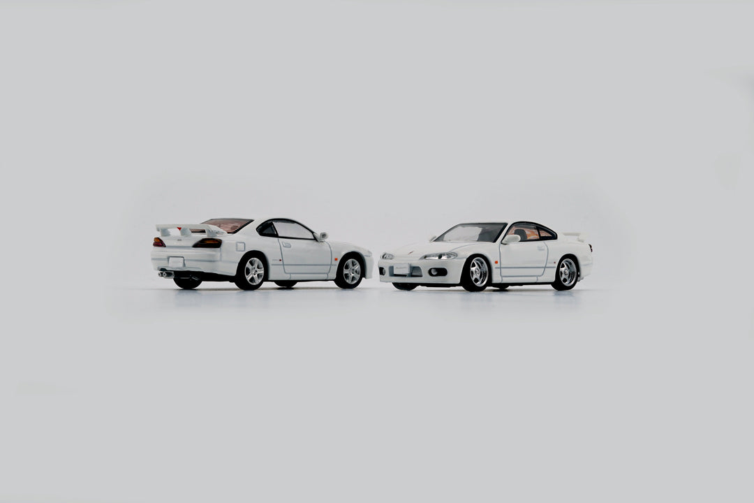 Nissan Silvia S15 WHITE / SILVER / YELLOW - RHD 1:64 BM Creations White Front and Back View