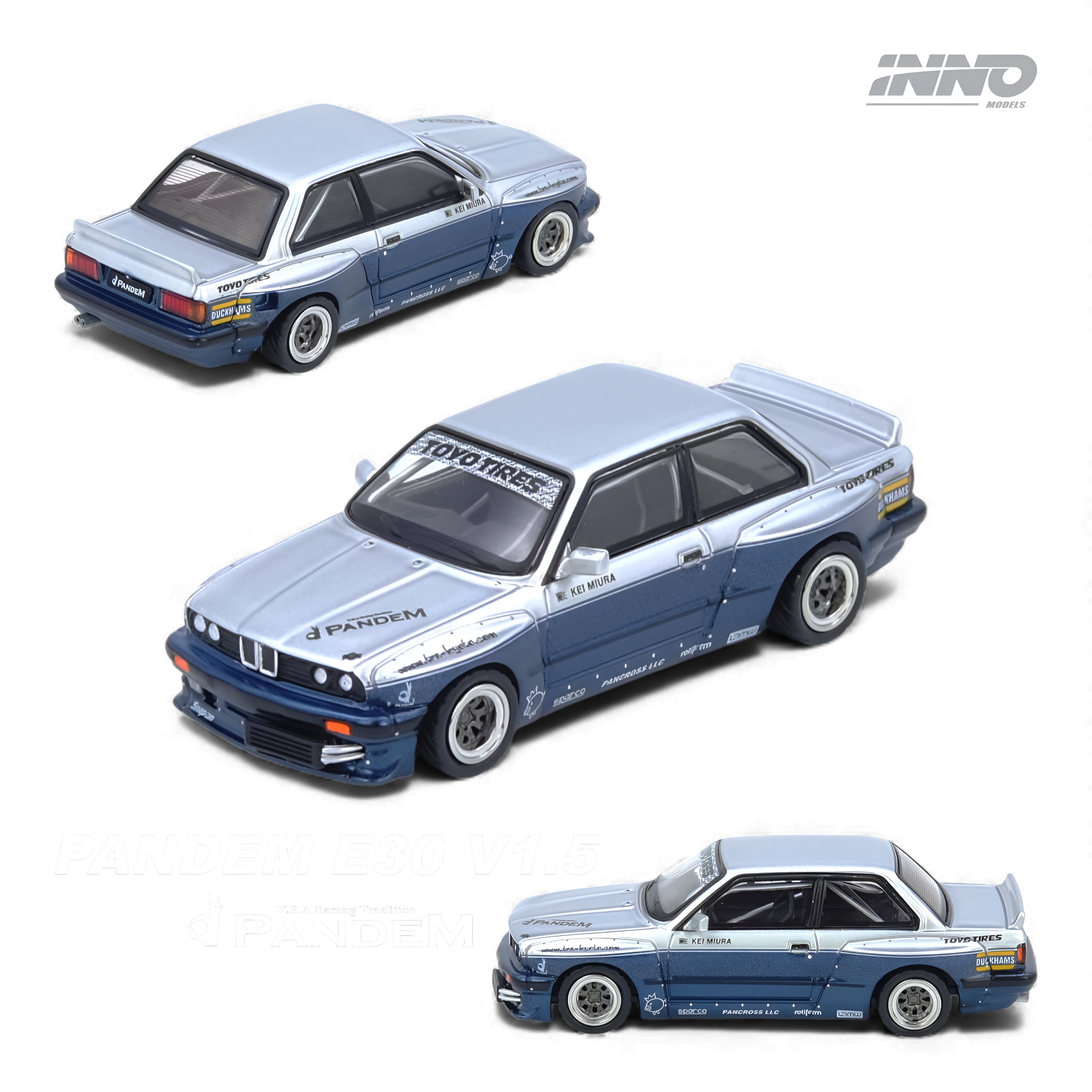 BMW Pandem E30 M3 Silver/Blue 1:64 by INNO64 